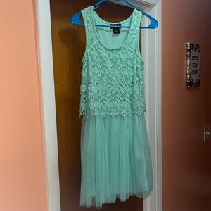 Mint green tulle skirt mid length dress with “crochet” design over tank size M